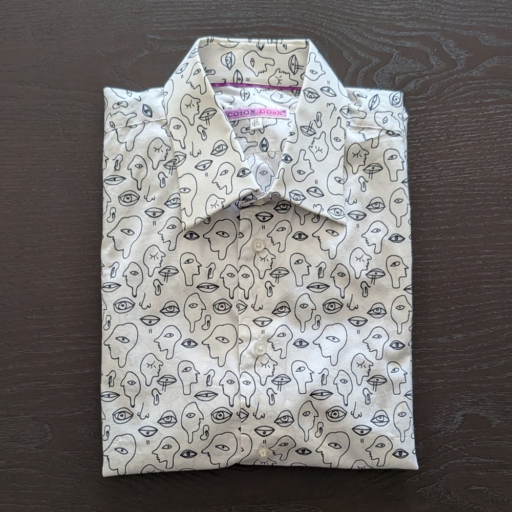 Coton Doux Men’s White with Black Graphic Face-Print Button-Down Shirt, Slim Fit